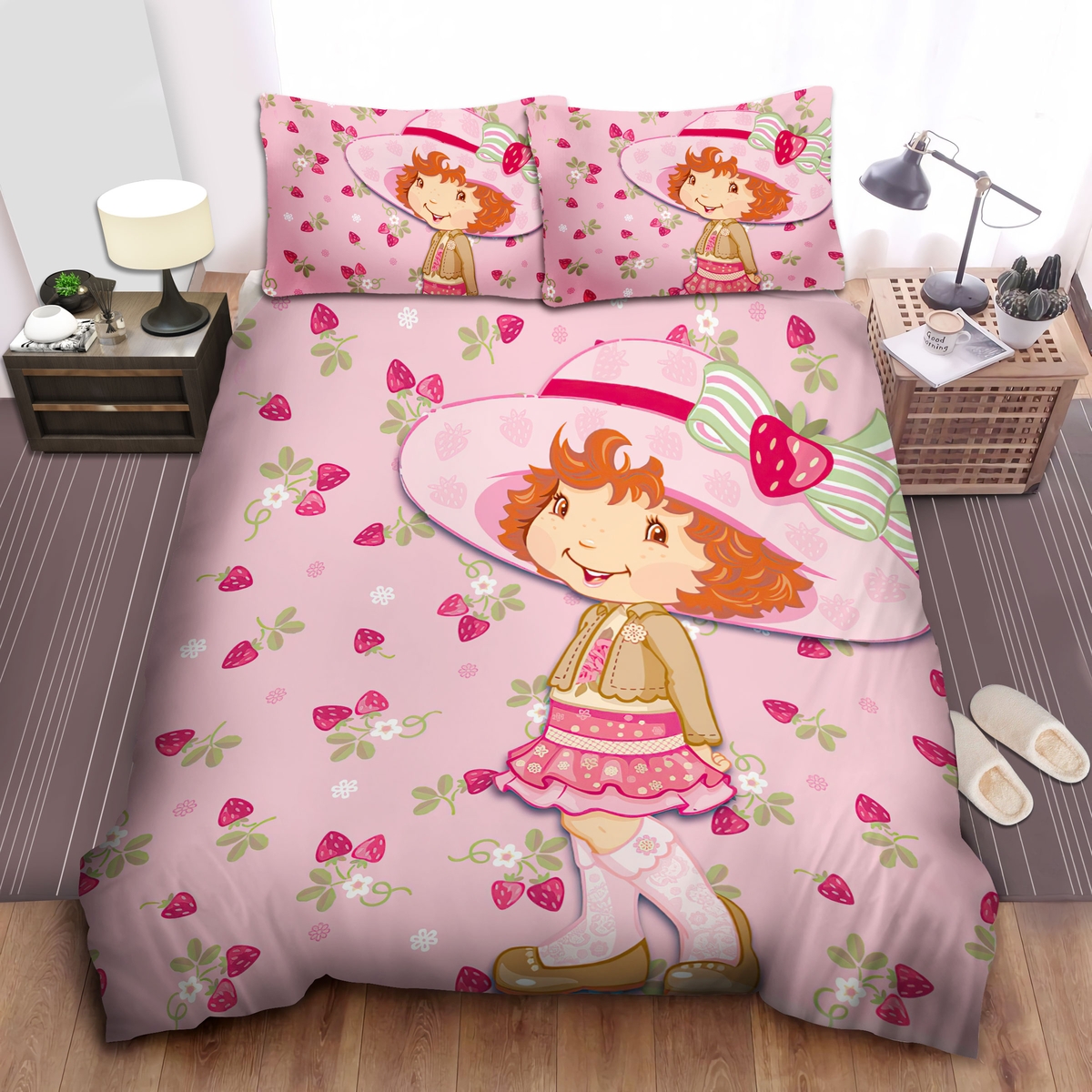 Strawberry Shortcake In Original Clothes In Pink Bed Sheets Spread Duvet Cover Bedding Set - Unique Anime Apparel for Fans