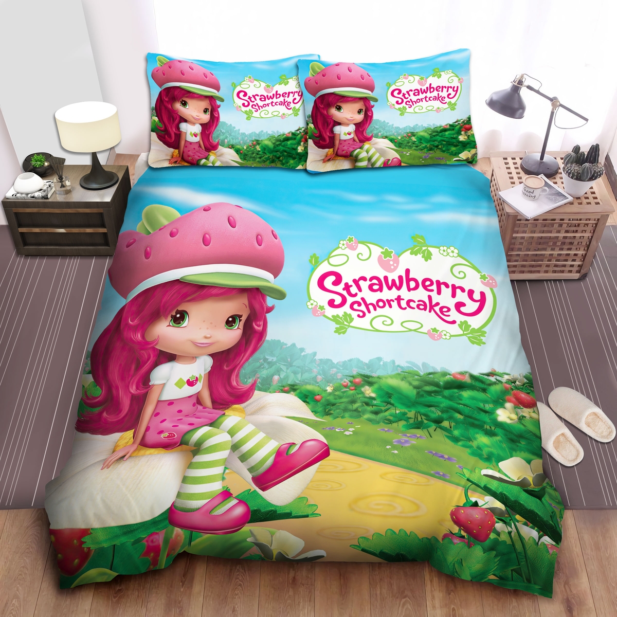 Strawberry Shortcake Sitting On A Flower Bed Sheets Spread Duvet Cover Bedding Set - Unique Anime Apparel for Fans