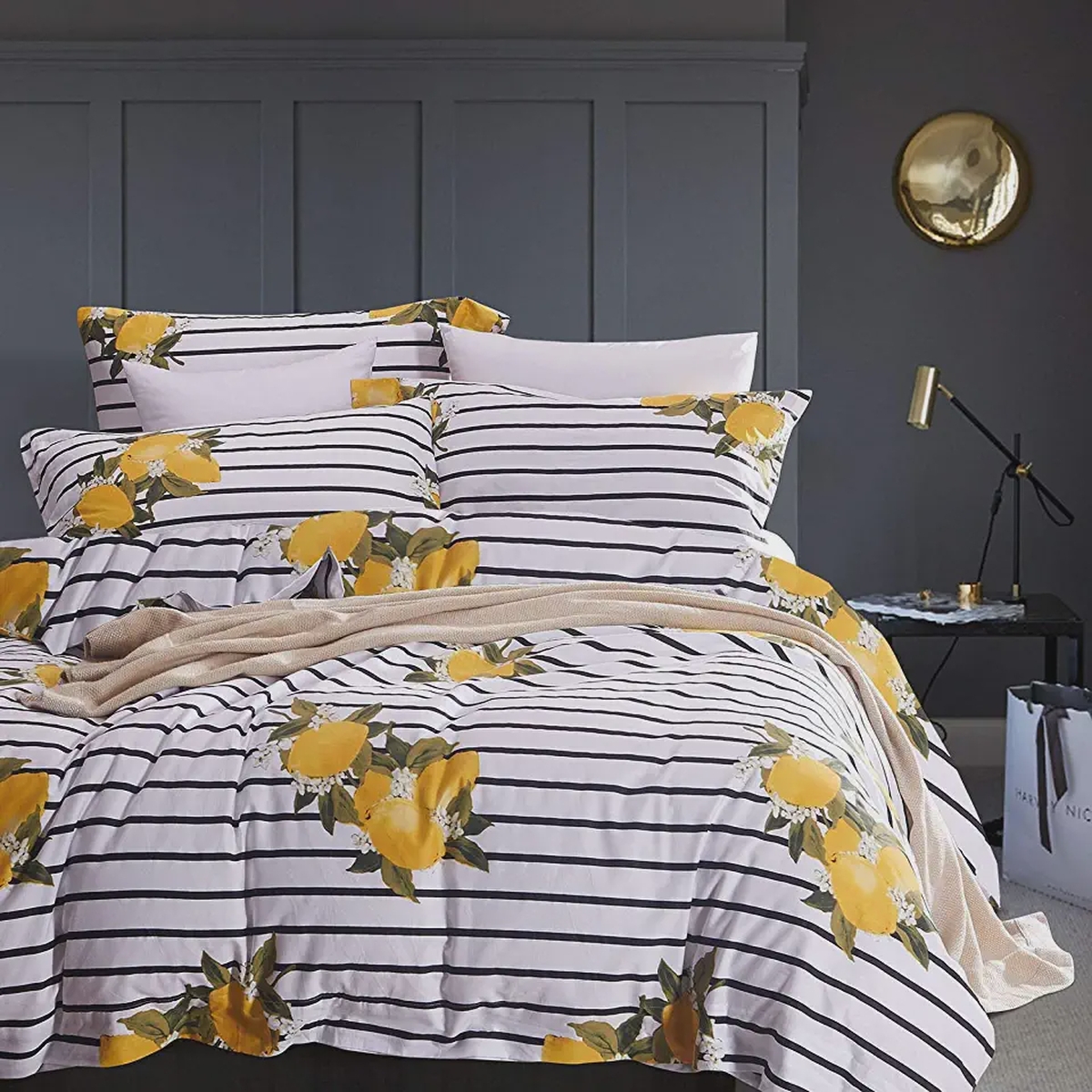 Striped Yellow Lemons Pattern Bedding Set (Duvet Cover & Pillow Cases) - Unique Anime Apparel for Fans