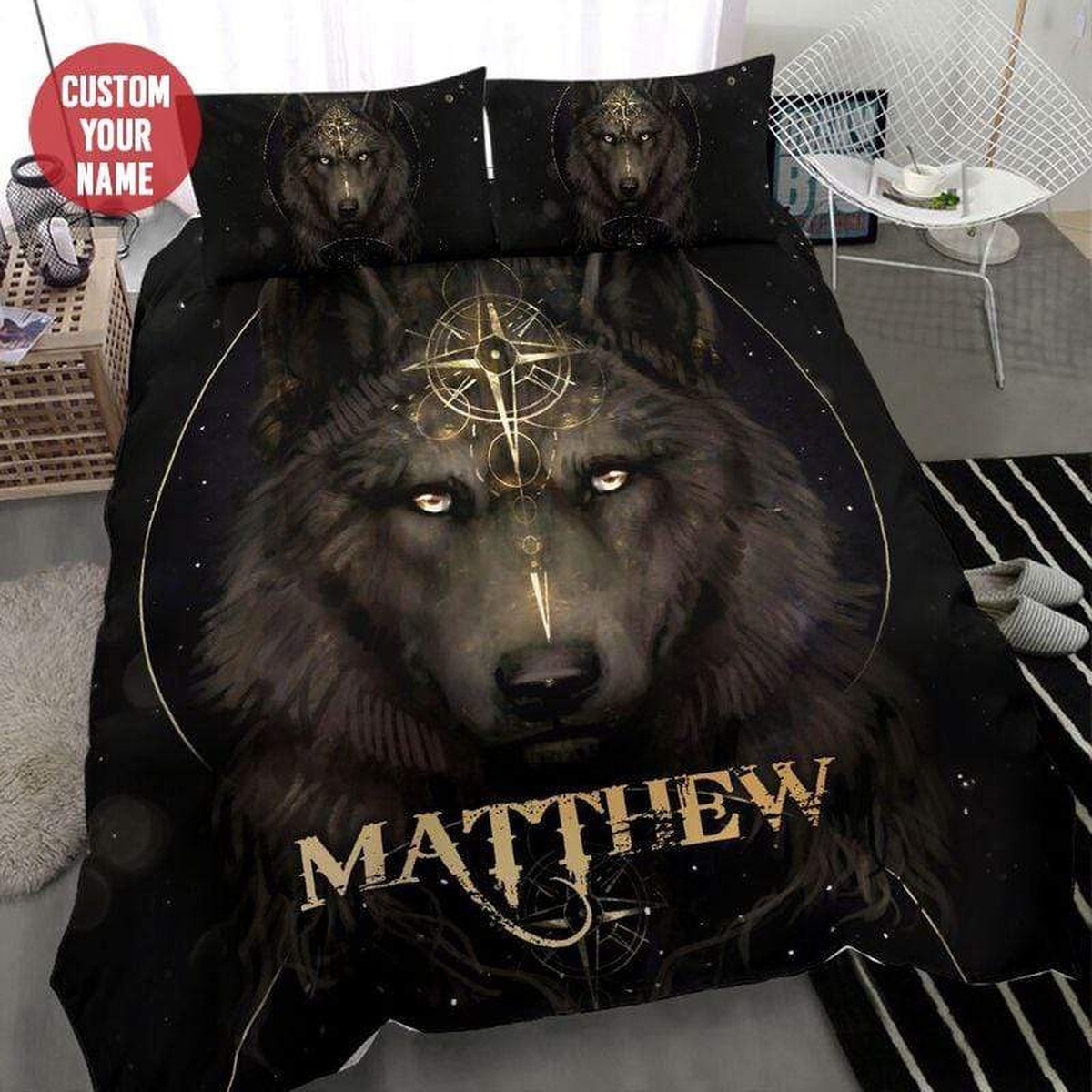 Strong Wolf With Compass Personalized Custom Name Duvet Cover Bedding Set - Unique Anime Apparel for Fans