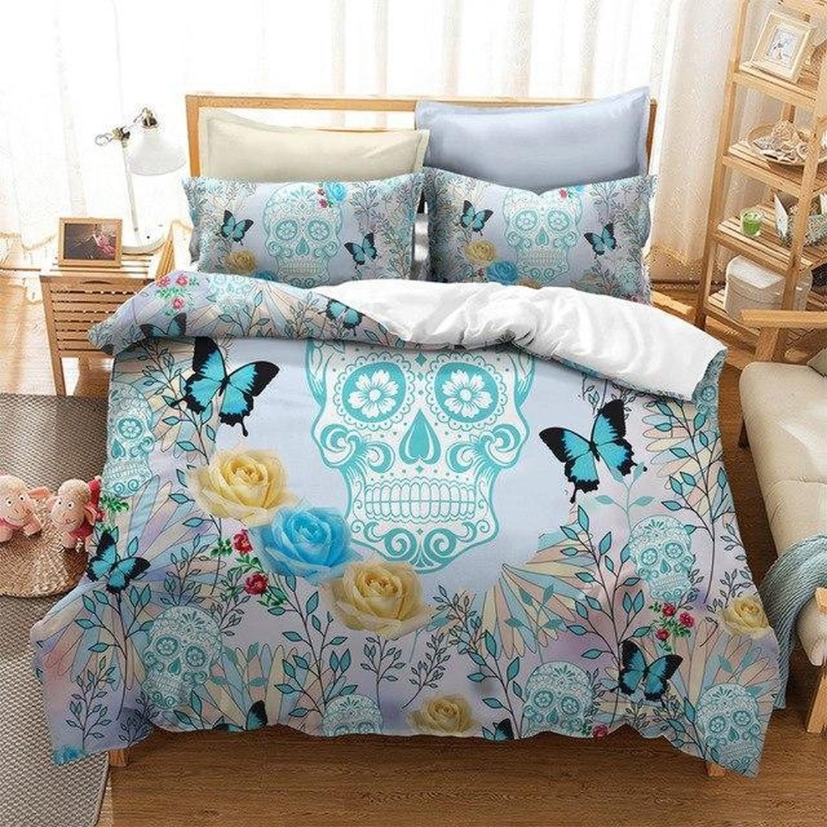 Sugar Butterfly Flower Skull Bed Sheets Spread Duvet Cover Bedding Set - Unique Anime Apparel for Fans
