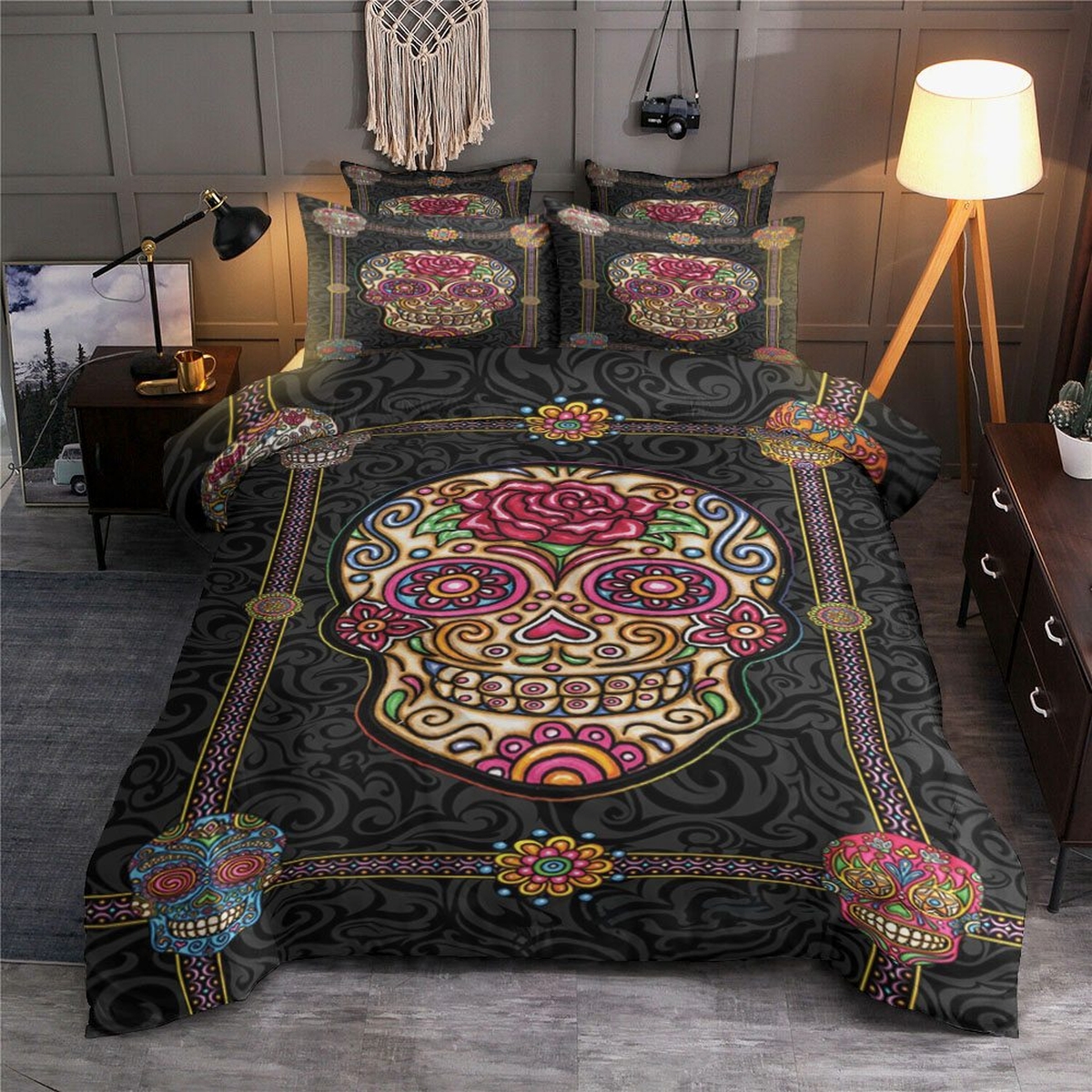 Sugar Skull Art Bed Sheets Spread Duvet Cover Bedding Set - Unique Anime Apparel for Fans