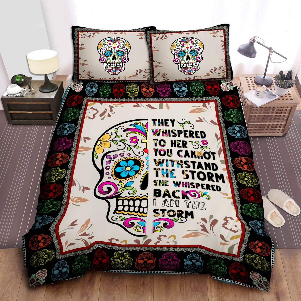 Sugar Skull She Whispered Back I Am The Storm Bed Sheets Spread Duvet Cover Bedding Set - Unique Anime Apparel for Fans