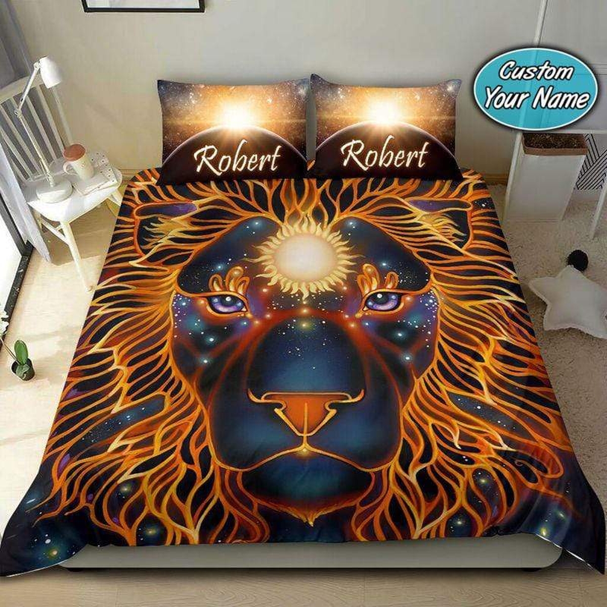 Sun Lion Neon Light Personalized Custom Name Duvet Cover Bedding Set - Unique Anime Apparel for Fans
