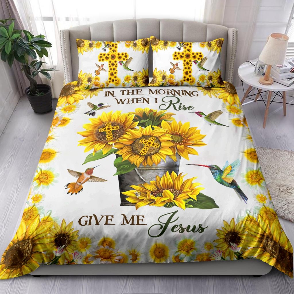 Sunflower And The Cross In The Morning When Rise Give Me Jesus Bed Sheets Spread Comforter Duvet Cover Bedding Set - Unique Anime Apparel for Fans