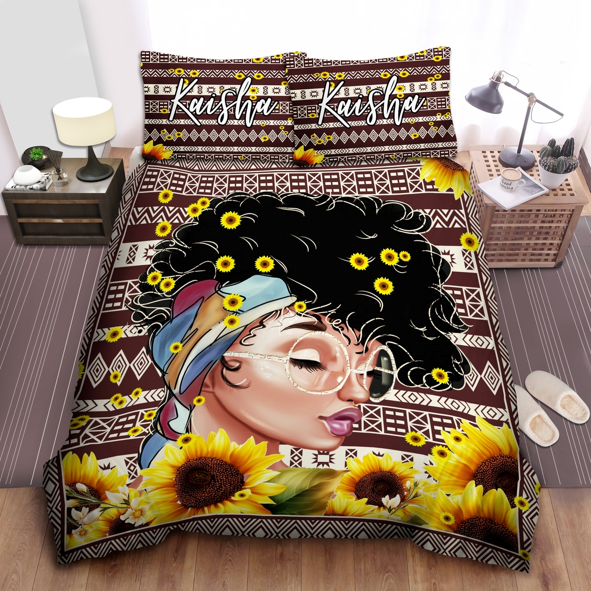 Sunflower Black Girl Personalized Custom Name Duvet Cover Bedding Set - Unique Anime Apparel for Fans