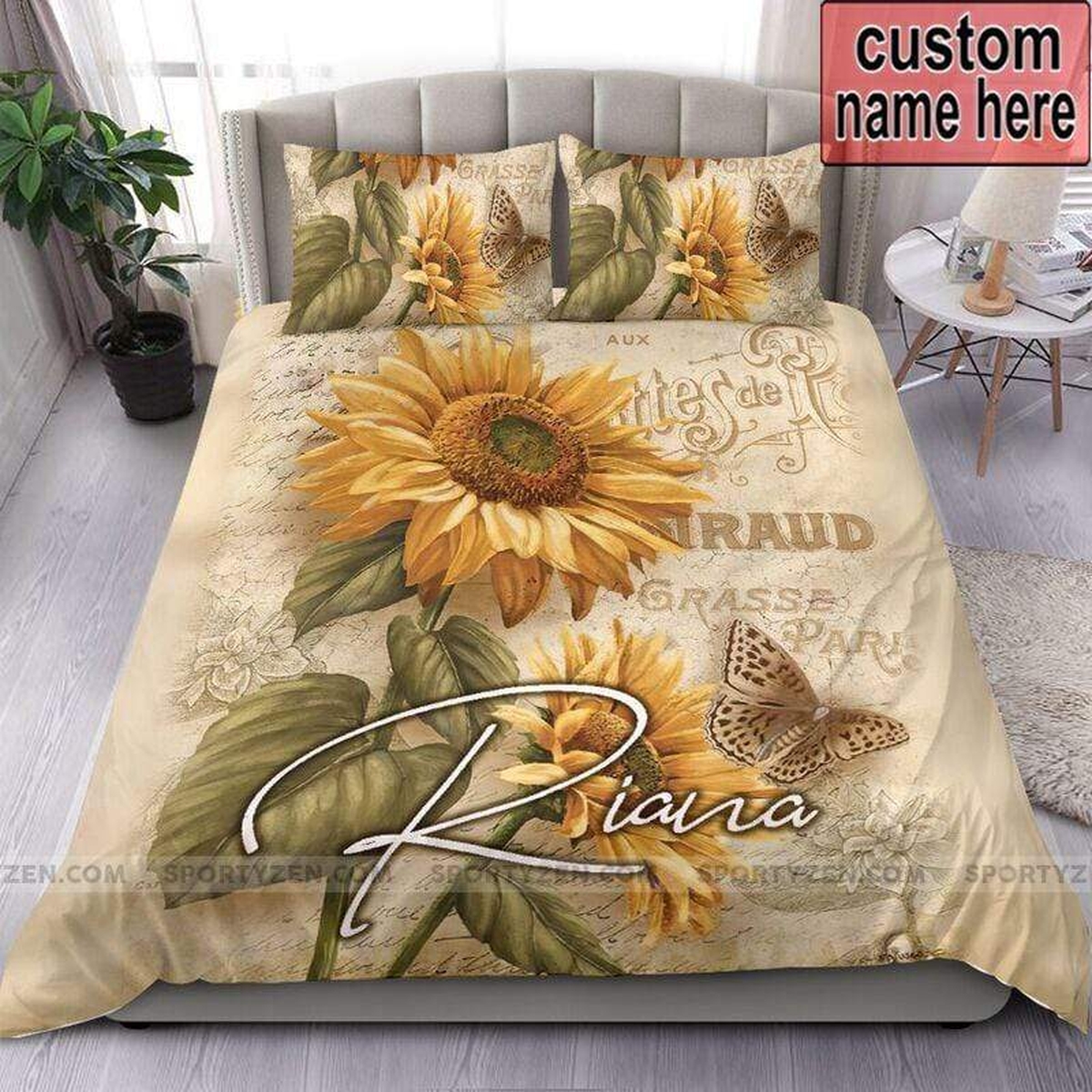 Sunflower Butterfly Vintage Bedding Personalized Custom Name Duvet Cover Bedding Set - Unique Anime Apparel for Fans