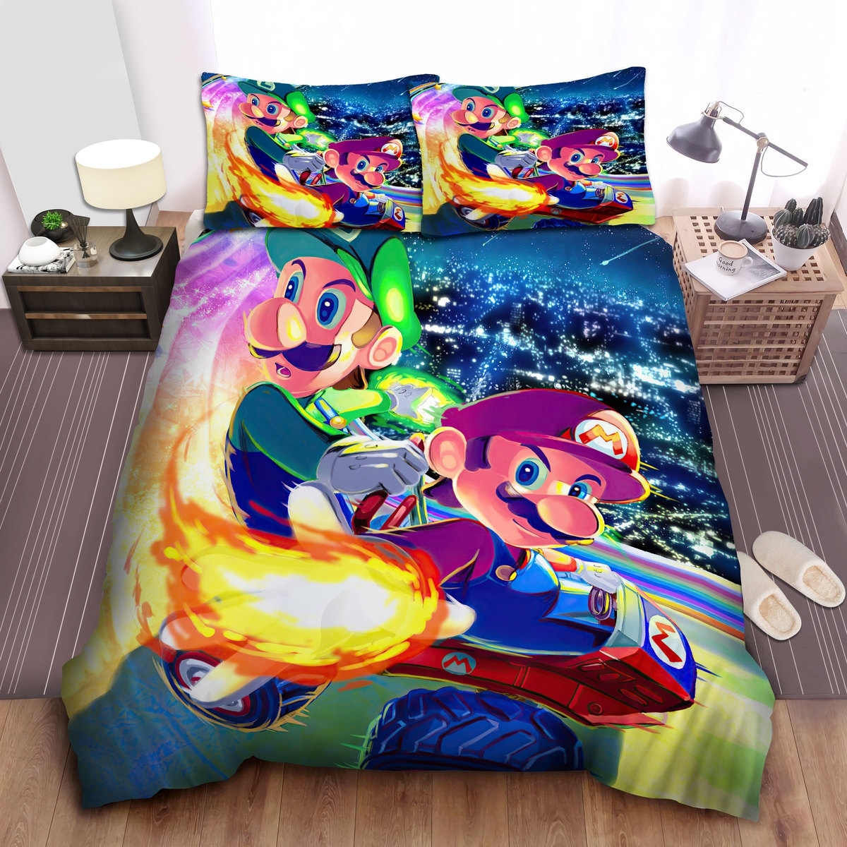 Super Mario & Luigi Using Boosting On Racing Kart Bed Sheets Spread Duvet Cover Bedding Set - Unique Anime Apparel for Fans