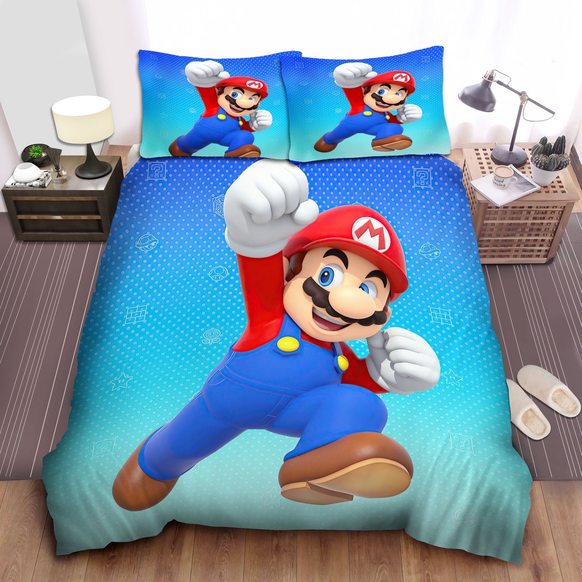 Super Mario Jumping In Fading Blue Background Bed Sheets Spread Duvet Cover Bedding Set - Unique Anime Apparel for Fans