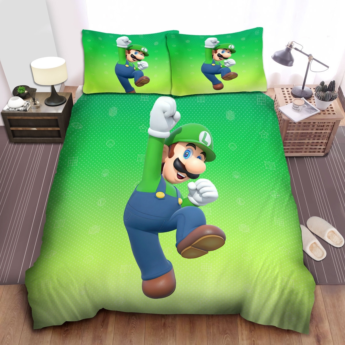 Super Mario Luigi Jumping In Fading Green Background Bed Sheets Spread Duvet Cover Bedding Set - Unique Anime Apparel for Fans