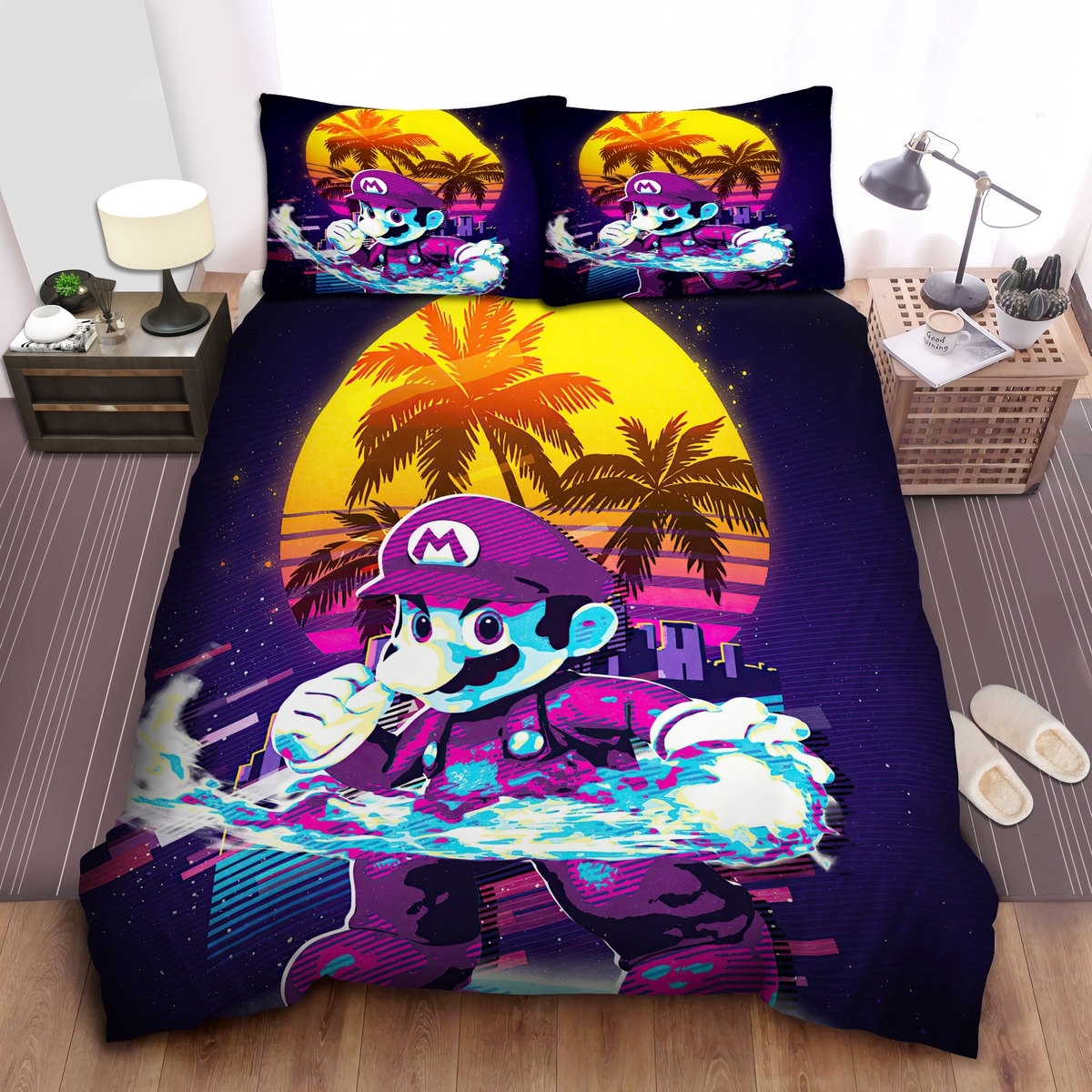Super Mario Miami Retro Vice Art Bed Sheets Spread Duvet Cover Bedding Set - Unique Anime Apparel for Fans