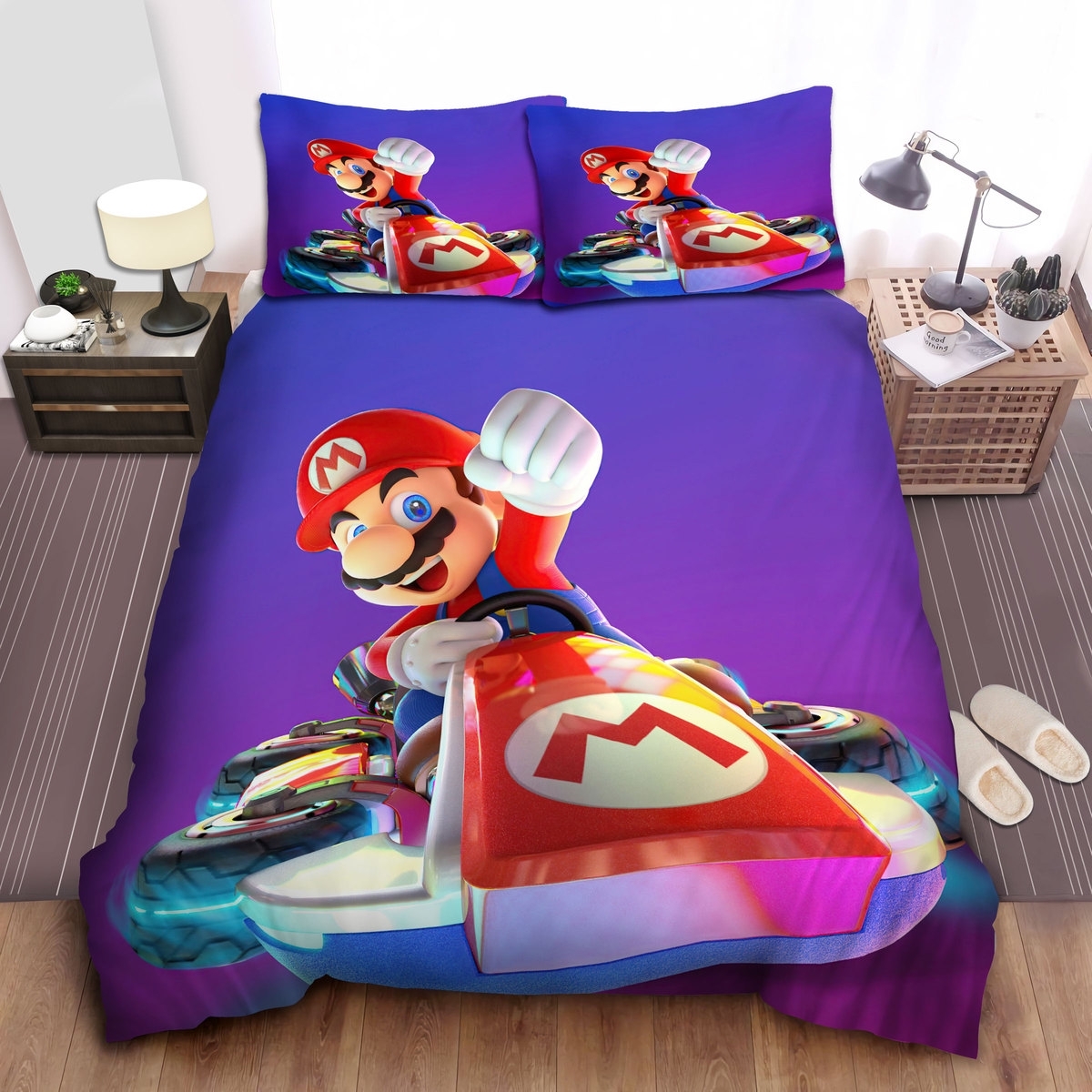 Super Mario On Super Racing Kart Bed Sheets Spread Duvet Cover Bedding Set - Unique Anime Apparel for Fans