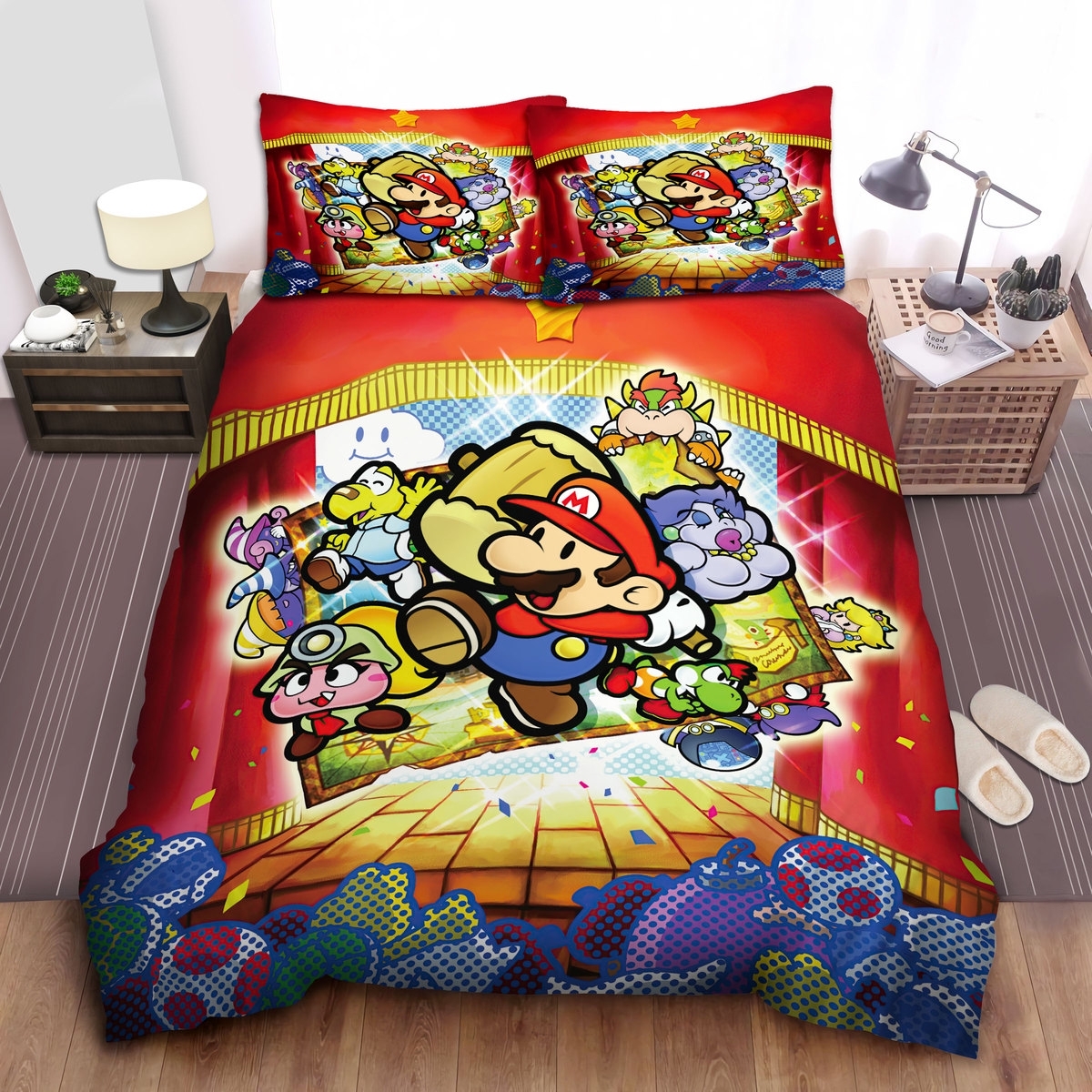 Super Mario Paper Board Game Illustration Bed Sheets Spread Duvet Cover Bedding Set - Unique Anime Apparel for Fans