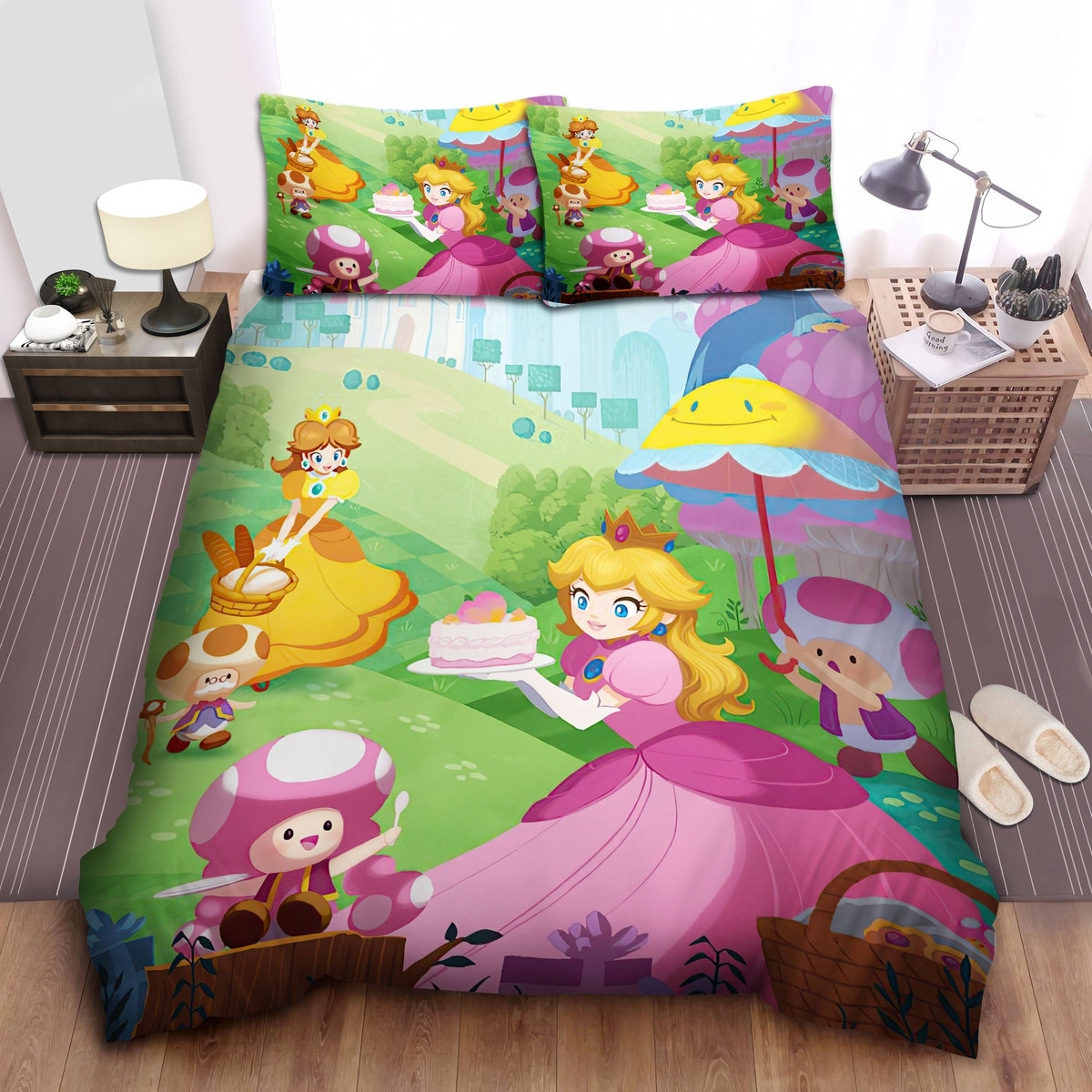 Super Mario Princess Peach & Princess Daisy Having Cake Bed Sheets Spread Duvet Cover Bedding Set - Unique Anime Apparel for Fans