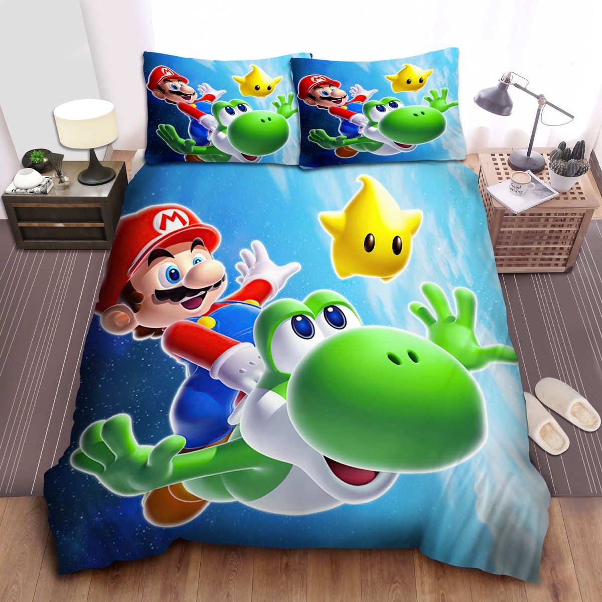 Super Mario Riding Flying Yoshi And Luma Bed Sheets Spread Duvet Cover Bedding Set - Unique Anime Apparel for Fans