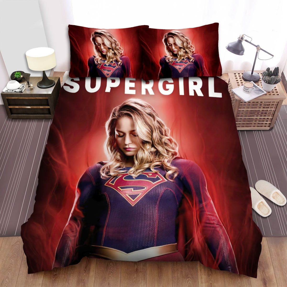 Supergirl Red Background Bed Sheets Spread Duvet Cover Bedding Set - Unique Anime Apparel for Fans
