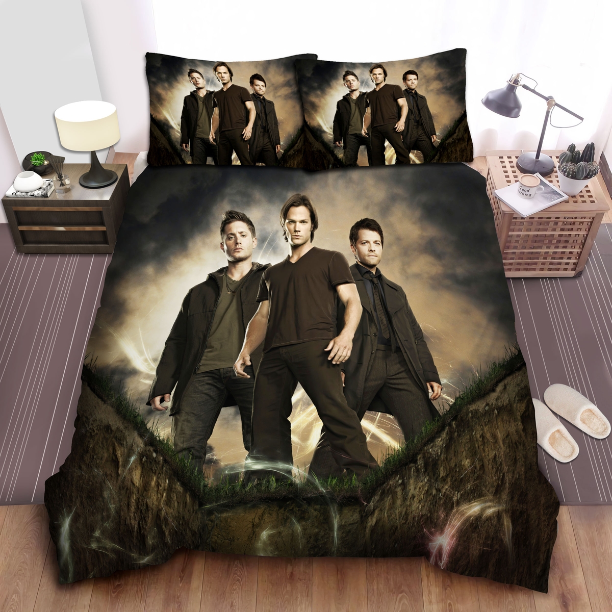Supernatural Dean Sam And Castiel Vs Demons Bed Sheets Spread Duvet Cover Bedding Set - Unique Anime Apparel for Fans