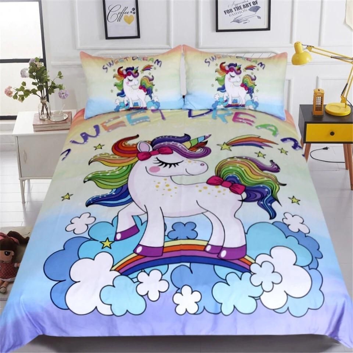 Sweet Dreams Rainbow Unicorn Bed Sheets Spread Duvet Cover Bedding Set - Unique Anime Apparel for Fans