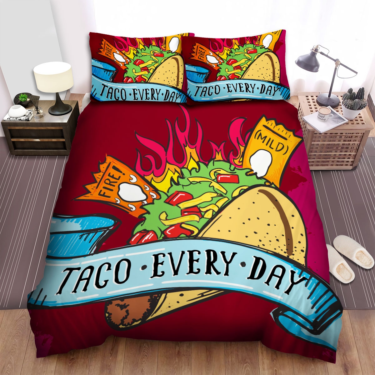 Taco Bell Taco Every Day Illustration Bed Sheets Spread Comforter Duvet Cover Bedding Set - Unique Anime Apparel for Fans