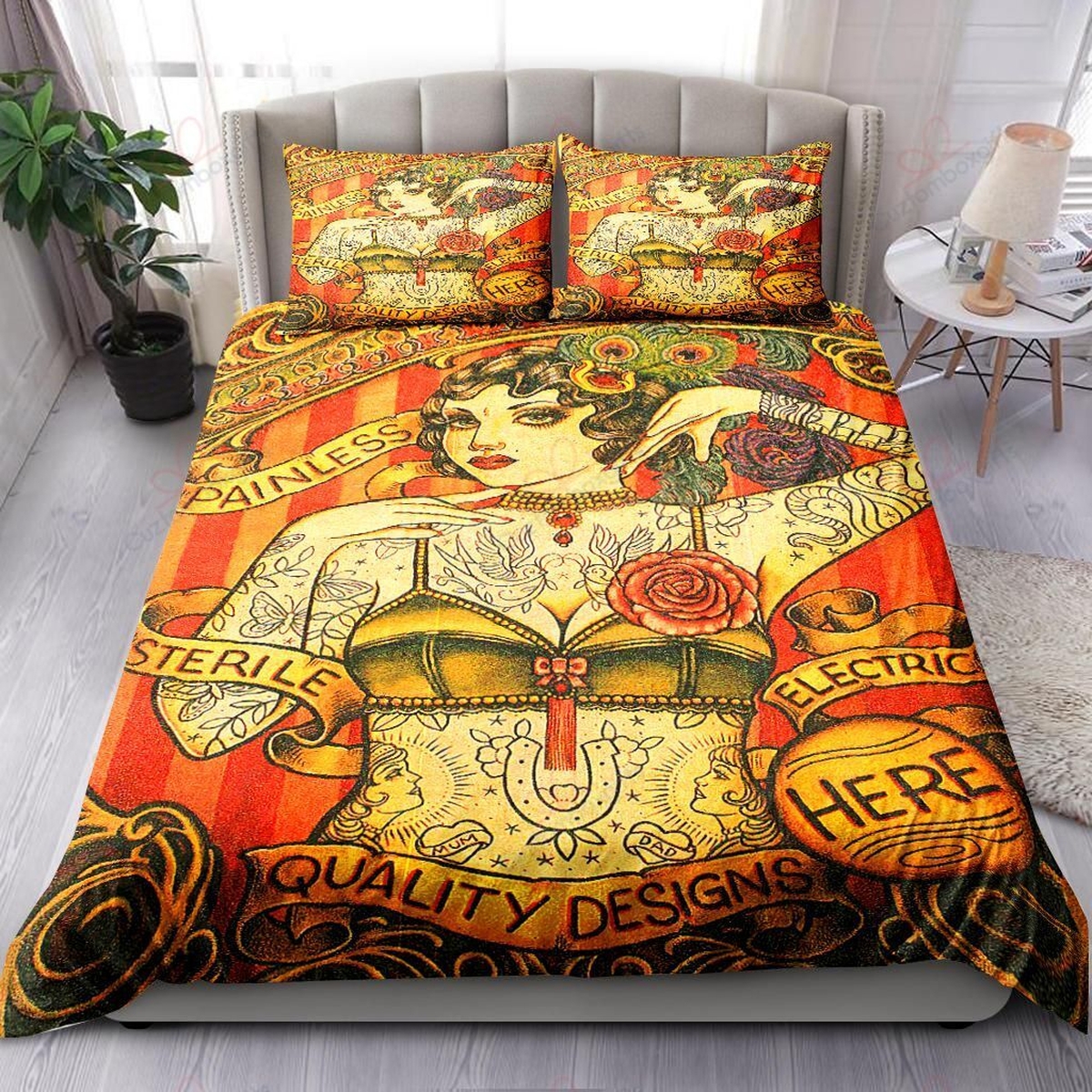 Tattoo Girl Tattoo Patterns Vintage Bedding Set Bed Sheets Spread Comforter Duvet Cover Bedding Set - Unique Anime Apparel for Fans