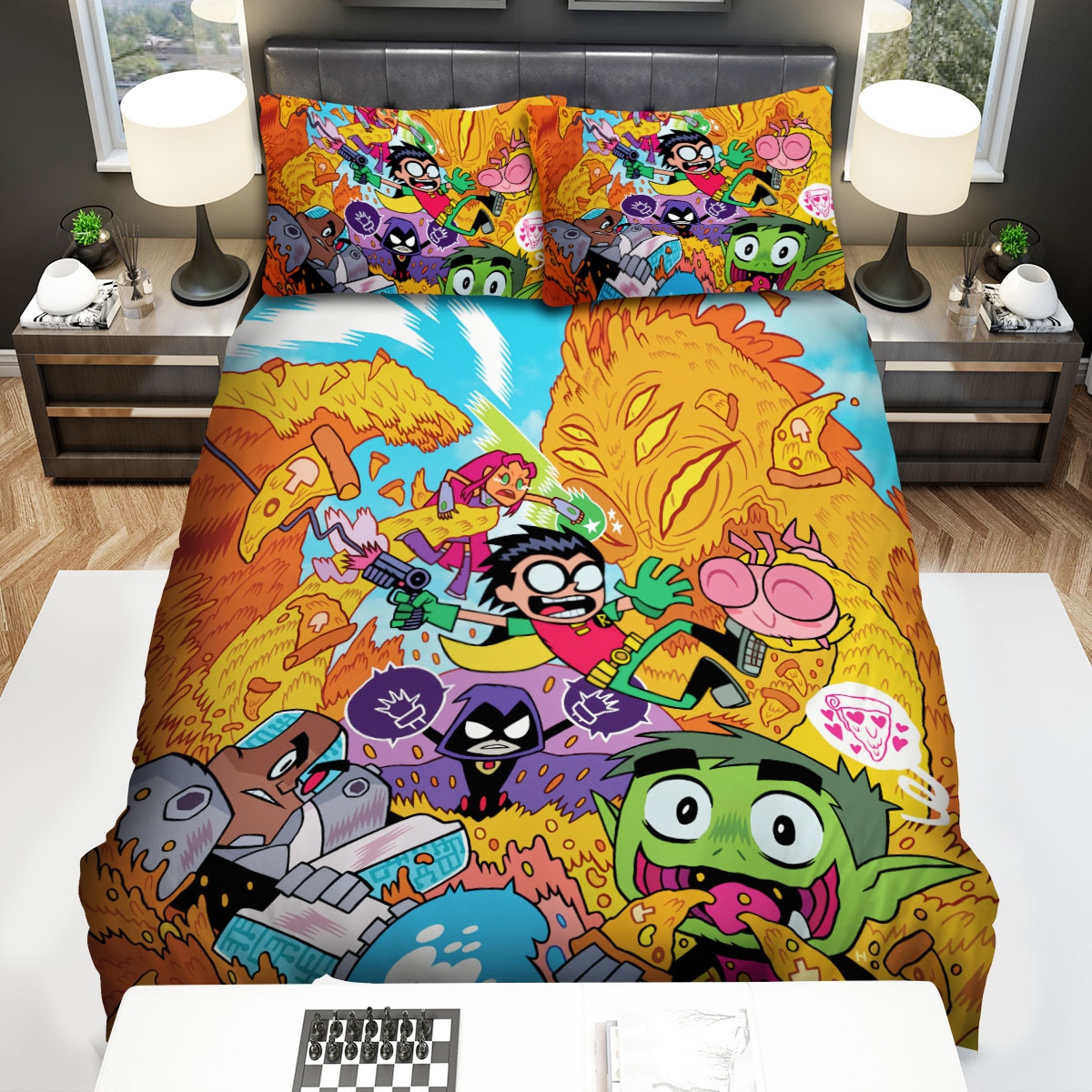 Teen Titans Go Titans Fighting The Pizza Monster Bed Sheets Spread Comforter Duvet Cover Bedding Set - Unique Anime Apparel for Fans