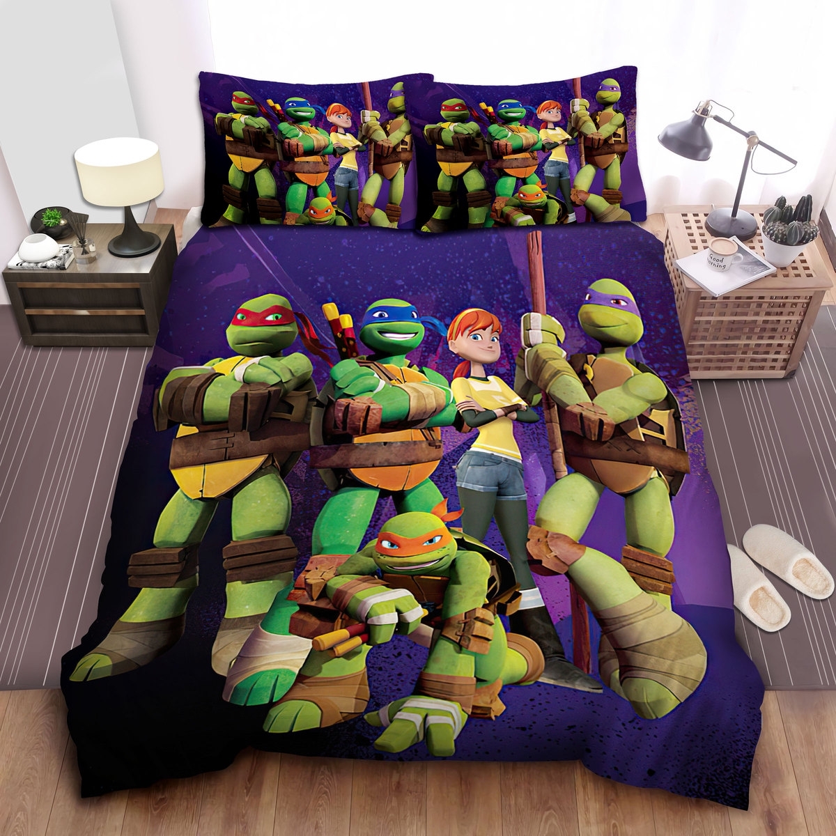 Teenage Mutant Ninja Turtles Posing With April O'neil Bed Sheets Spread Comforter Duvet Cover Bedding Set - Unique Anime Apparel for Fans