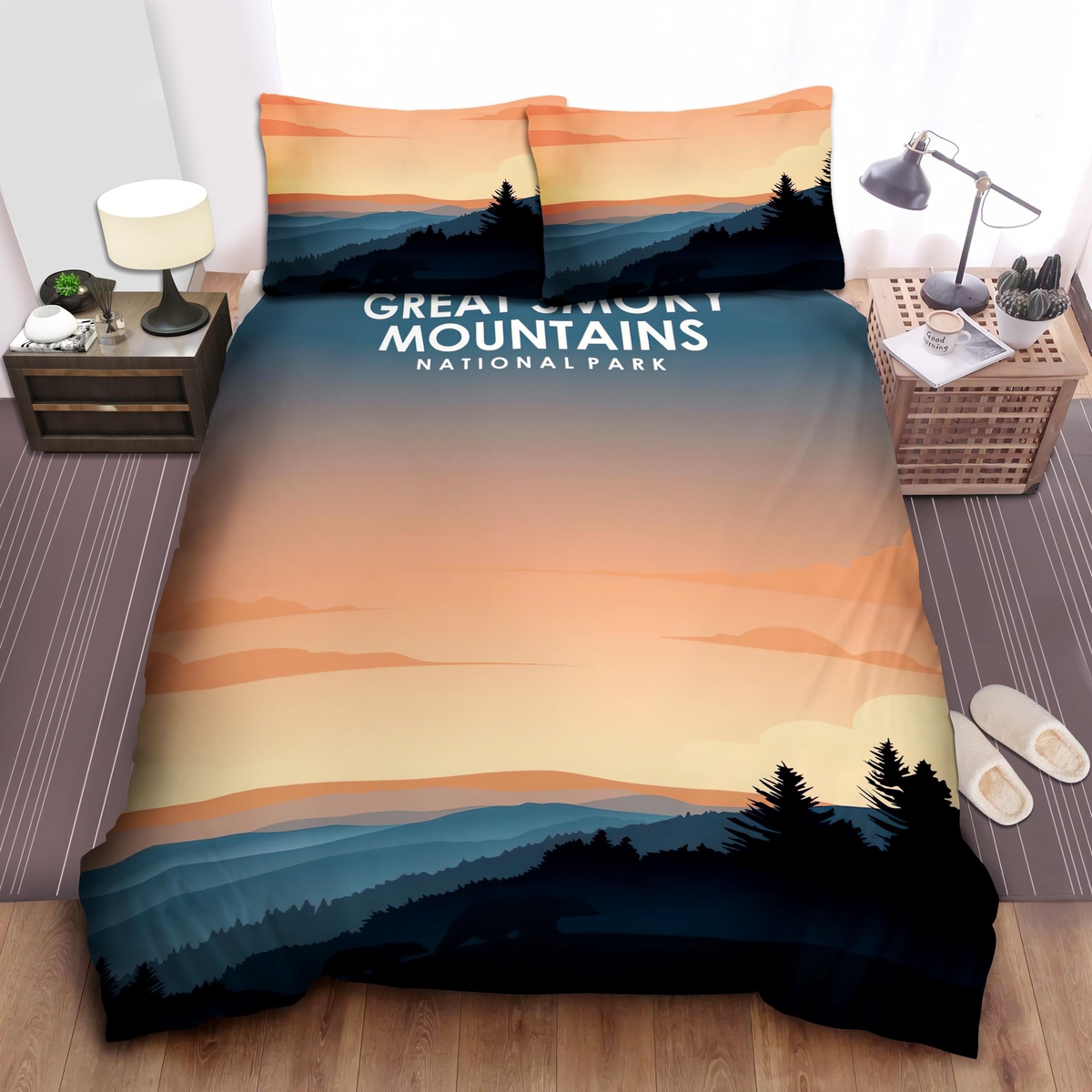 Tennessee Great Smoky Mountains National Park In Sunset Illustration Bed Sheets Spread Duvet Cover Bedding Set - Unique Anime Apparel for Fans