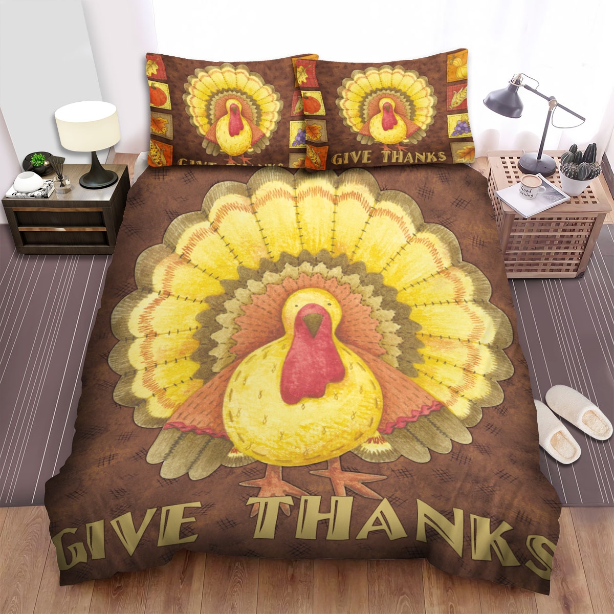 Thanksgiving Give Thanks Turkey Bed Sheets Spread Comforter Duvet Cover Bedding Set - Unique Anime Apparel for Fans