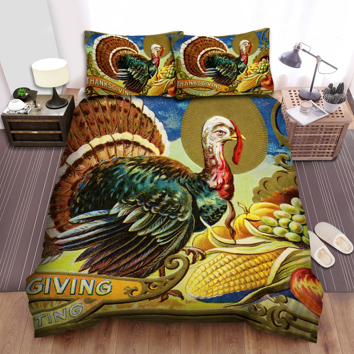 Thanksgiving Greeting Vintage Turkey Bed Sheets Spread Duvet Cover Bedding Set - Unique Anime Apparel for Fans
