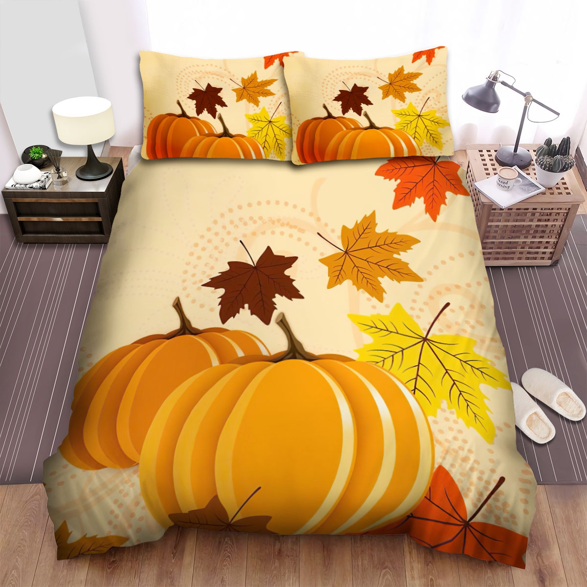 Thanksgiving Pumpkins Leaves Autumn Bed Sheets Spread Duvet Cover Bedding Set - Unique Anime Apparel for Fans