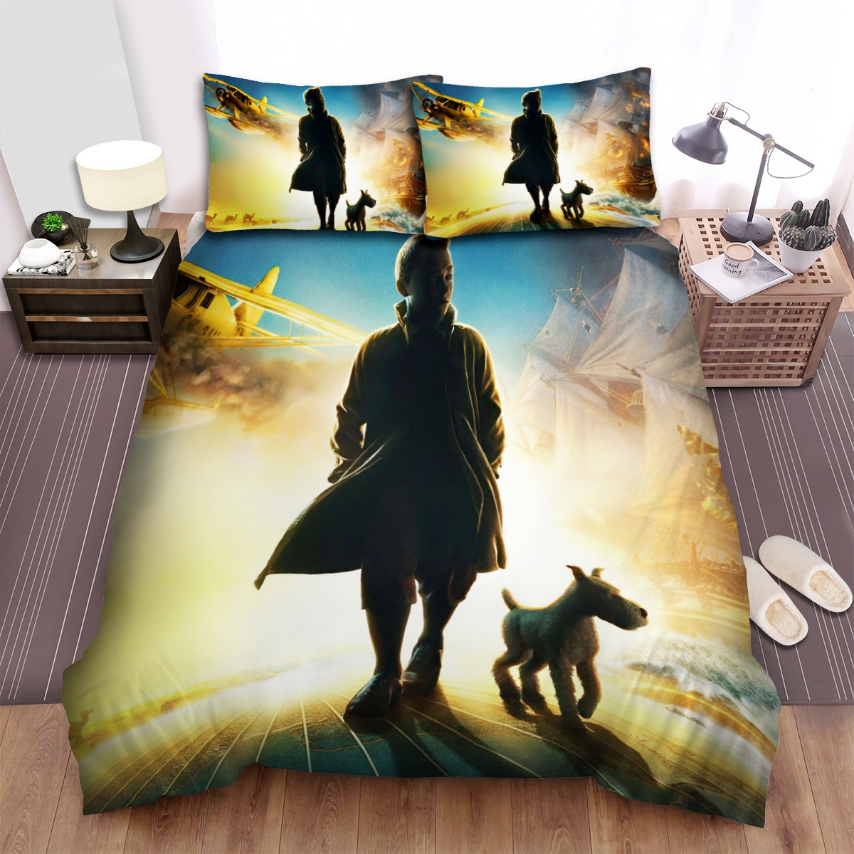 The Adventures Of Tintin Plane Ship Animation Bed Sheets Spread Duvet Cover Bedding Set - Unique Anime Apparel for Fans