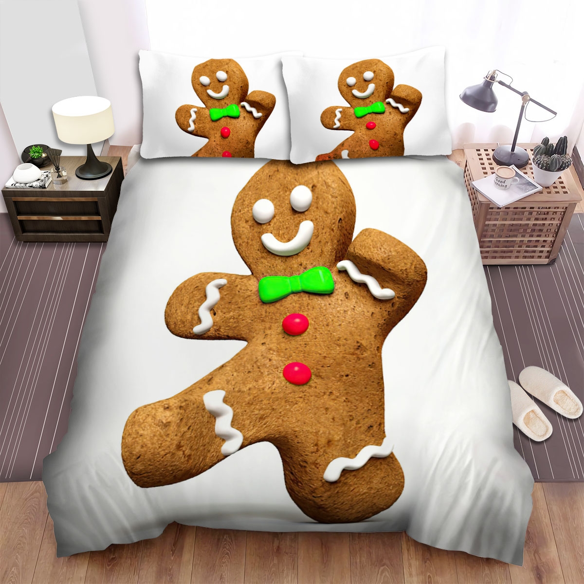 The Christmas Art Gingerbread Man Wearing Green Tie Bed Sheets Spread Duvet Cover Bedding Set - Unique Anime Apparel for Fans