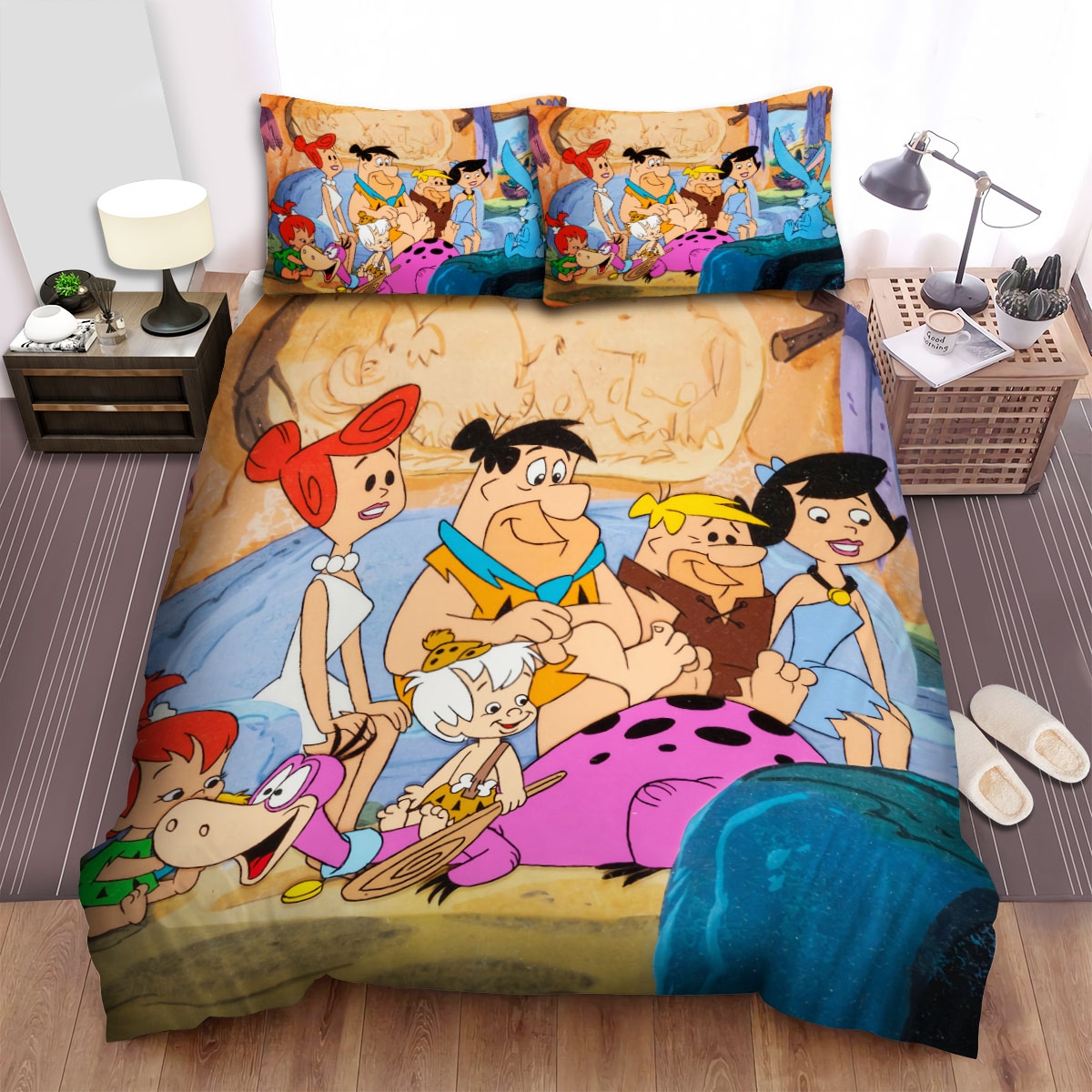 The Flintstones And The Bubbles Watching Television In The Bedroom Bed Sheets Spread Duvet Cover Bedding Set - Unique Anime Apparel for Fans