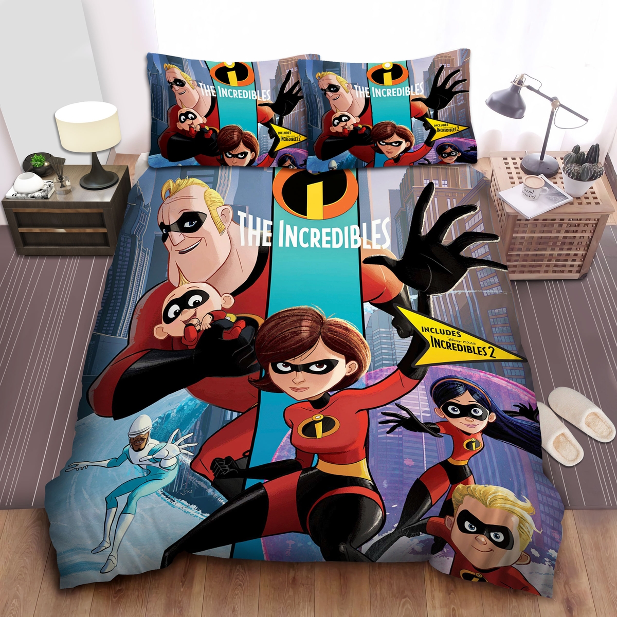 The Incredibles Family And Frozone In Comic Artwork Bed Sheets Spread Comforter Duvet Cover Bedding Set - Unique Anime Apparel for Fans
