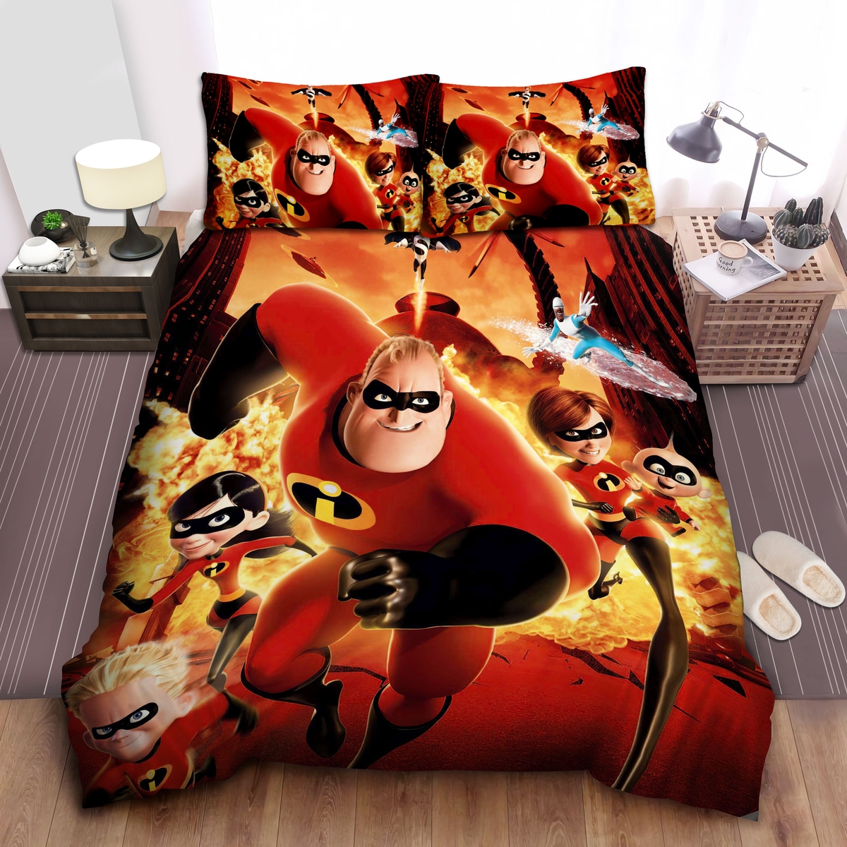 The Incredibles Family With Frozone Vs Syndrome Bed Sheets Spread Duvet Cover Bedding Set - Unique Anime Apparel for Fans