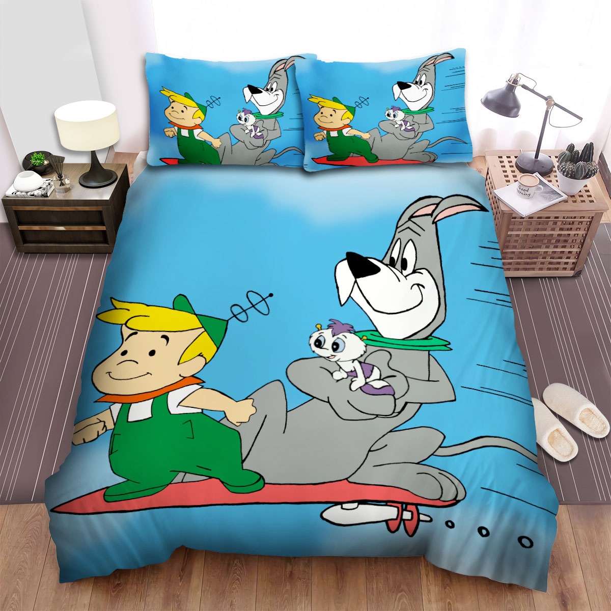 The Jetsons Elroy And Astro On Flying Hoverboard Bed Sheets Spread Duvet Cover Bedding Set - Unique Anime Apparel for Fans