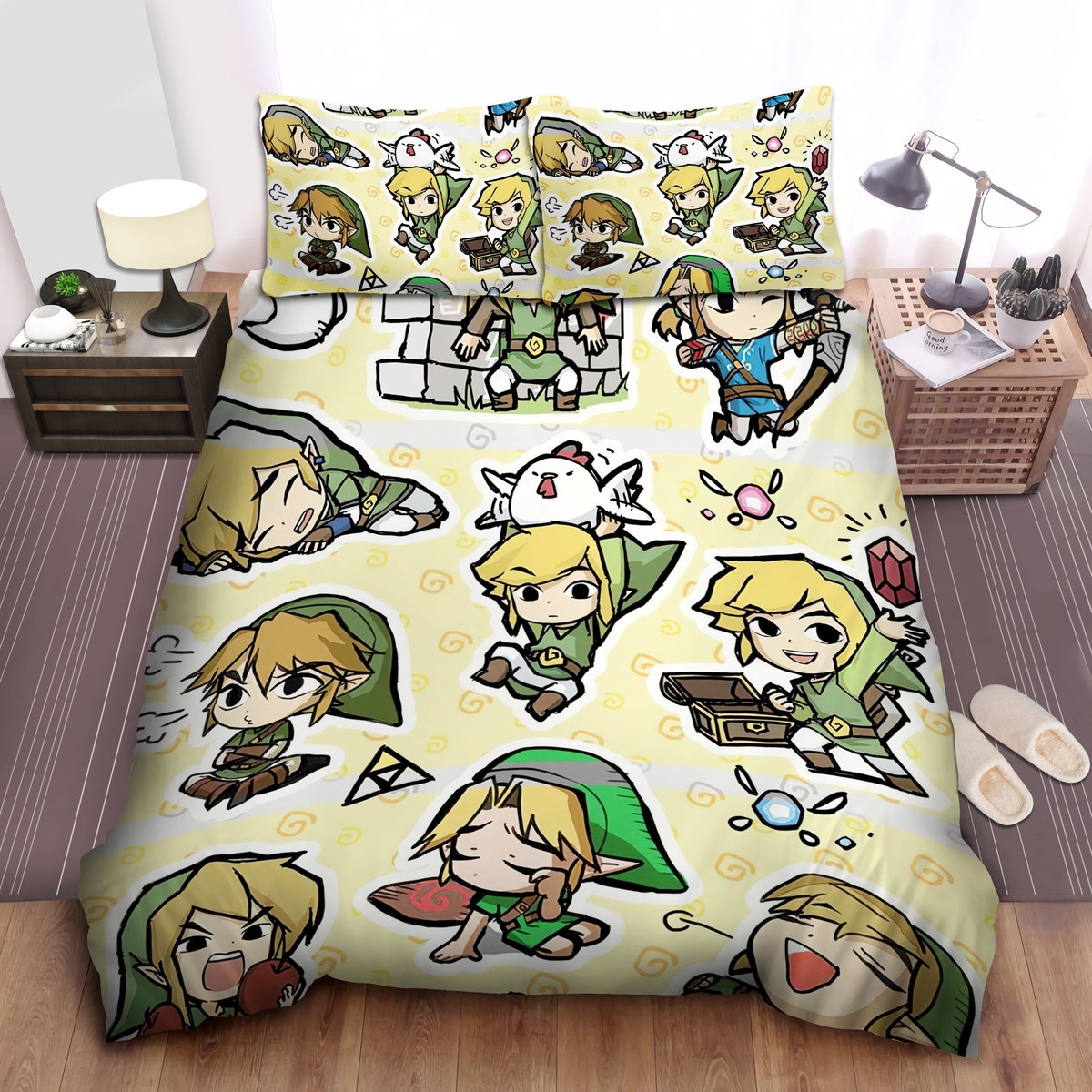 The Legend Of Zelda Funny Link Actions In Chibi Art Style Pattern Bed Sheets Spread Duvet Cover Bedding Set - Unique Anime Apparel for Fans