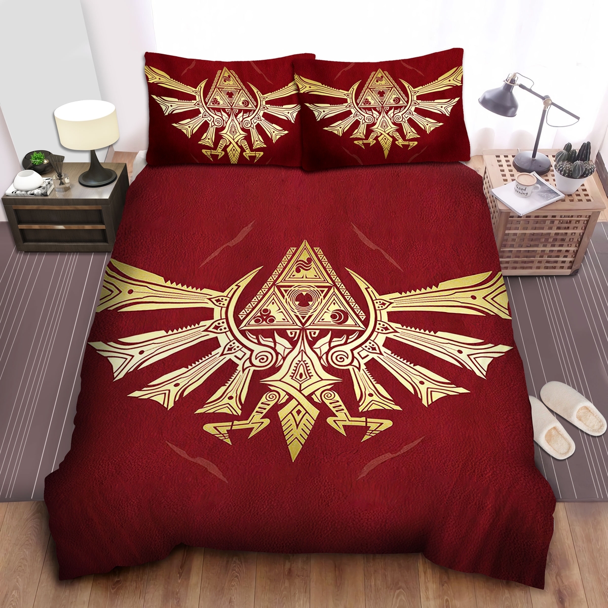 The Legend Of Zelda The Golden Royal Crest In Red Bed Sheets Spread Duvet Cover Bedding Set - Unique Anime Apparel for Fans