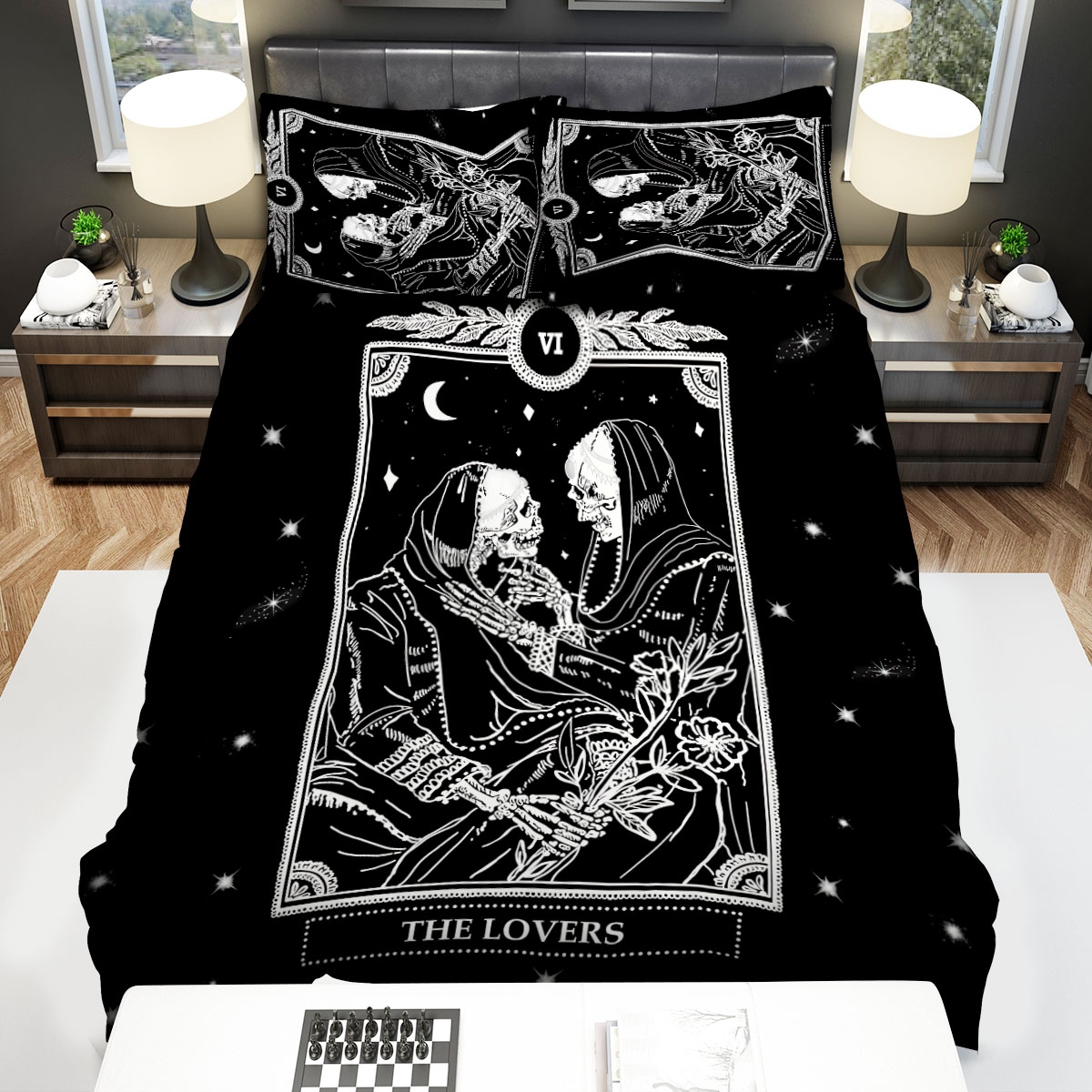 The Lovers Tarot Card With Black & White Skulls Bed Sheets Spread Duvet Cover Bedding Set - Unique Anime Apparel for Fans