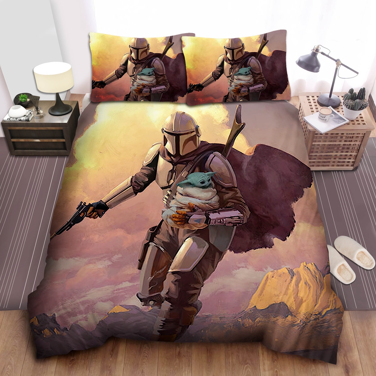 The Mandalorian Rescuing Baby Yoda Painting Bed Sheets Spread Duvet Cover Bedding Set - Unique Anime Apparel for Fans
