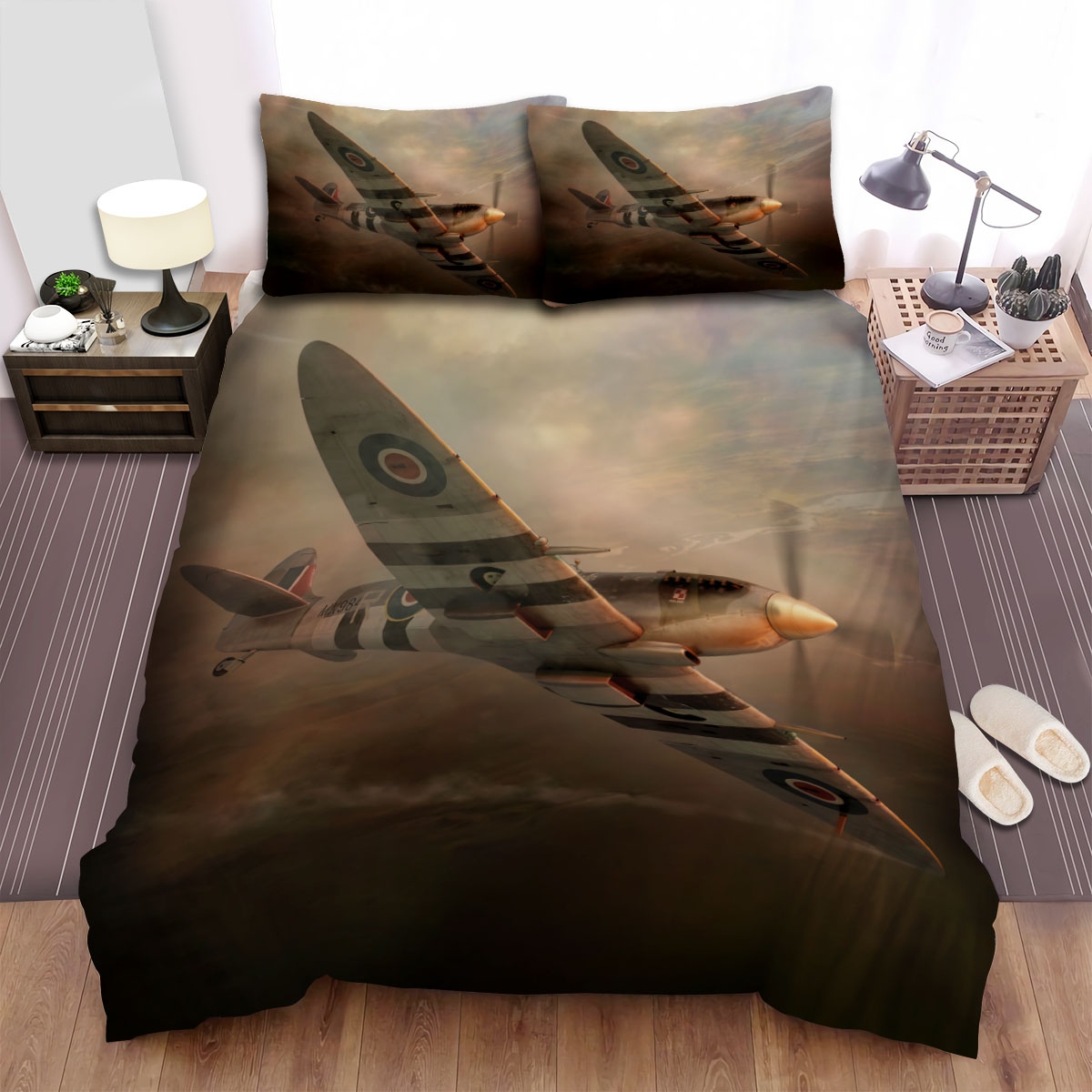 The Military Weapon In Ww2. Raf Spitfire In The Sky Art Bed Sheets Spread Duvet Cover Bedding Set - Unique Anime Apparel for Fans