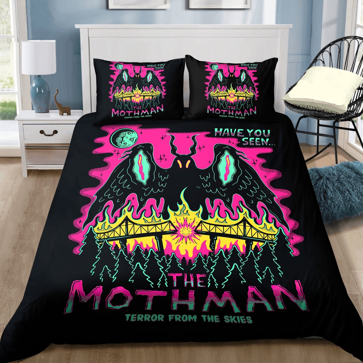 The Mothman Terror From The Skies Bed Sheets Spread Duvet Cover Bedding Set - Unique Anime Apparel for Fans