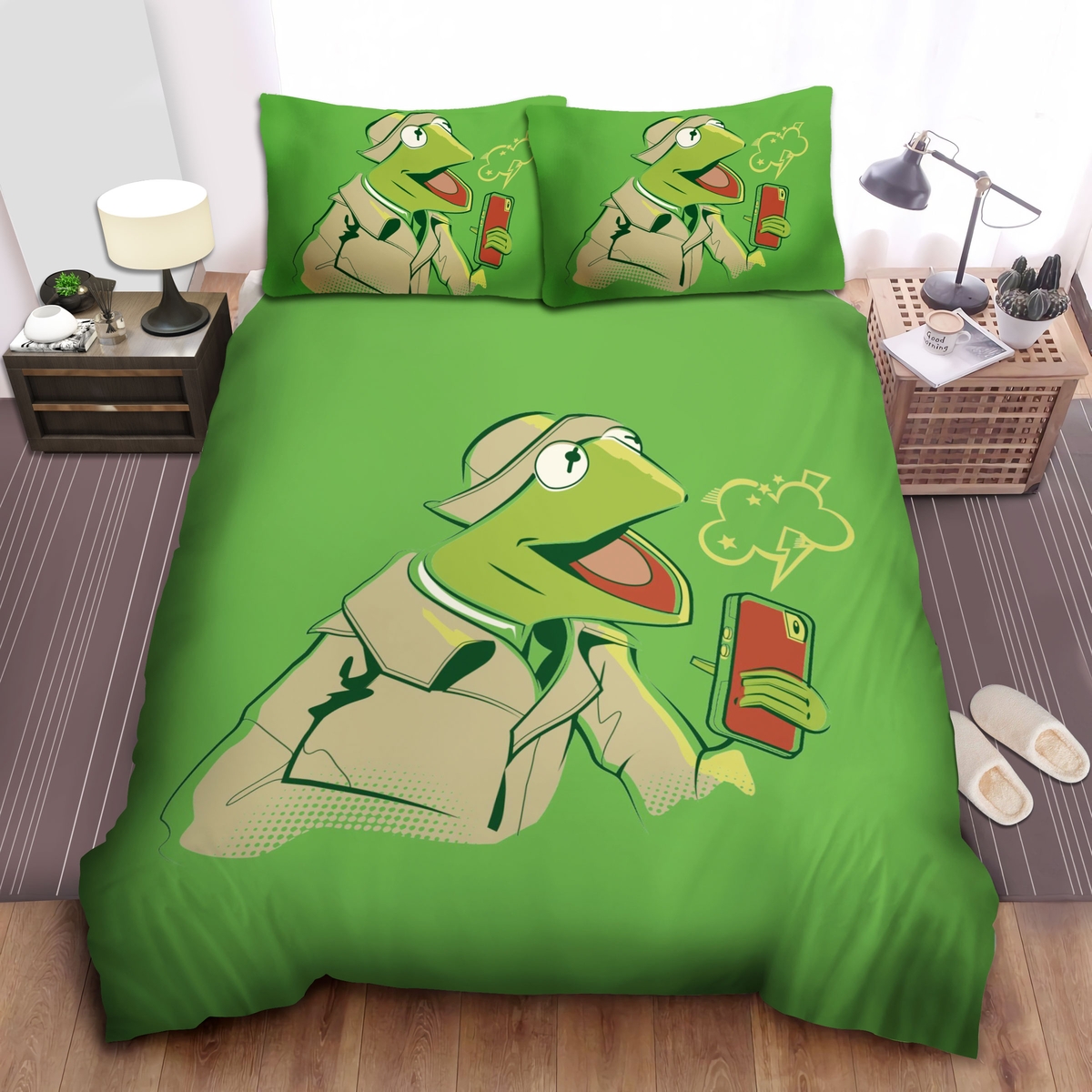 The Muppets Kermit The Frog As A Reporter Illustration Bed Sheets Spread Duvet Cover Bedding Set - Unique Anime Apparel for Fans