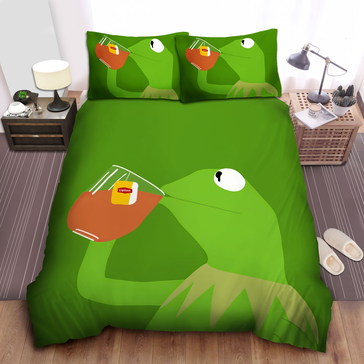 The Muppets Kermit The Frog Drinking Tea Bed Sheets Spread Duvet Cover Bedding Set - Unique Anime Apparel for Fans