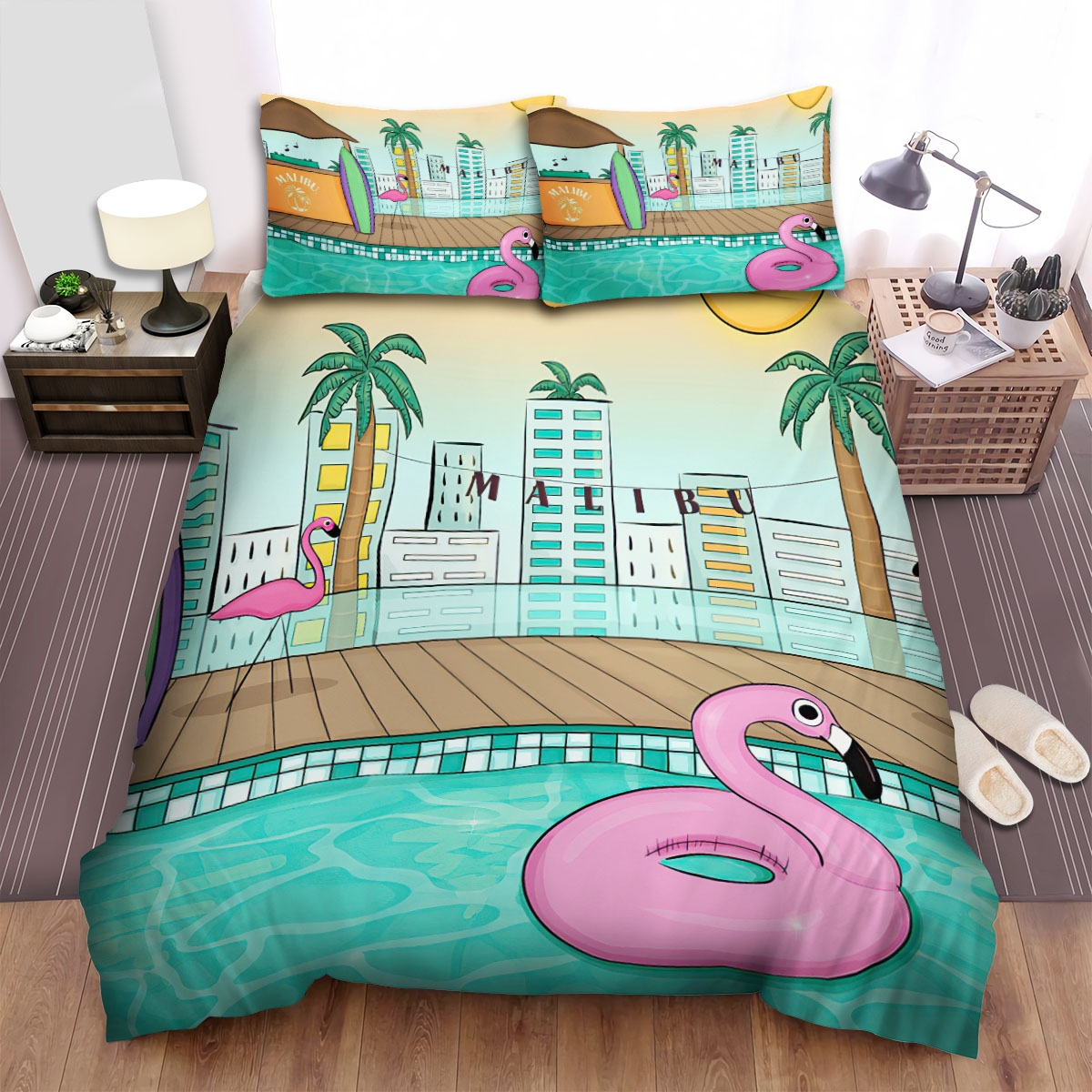 The Natural Bird - The Flamingo Float Floating In The Pool Bed Sheets Spread Duvet Cover Bedding Set - Unique Anime Apparel for Fans