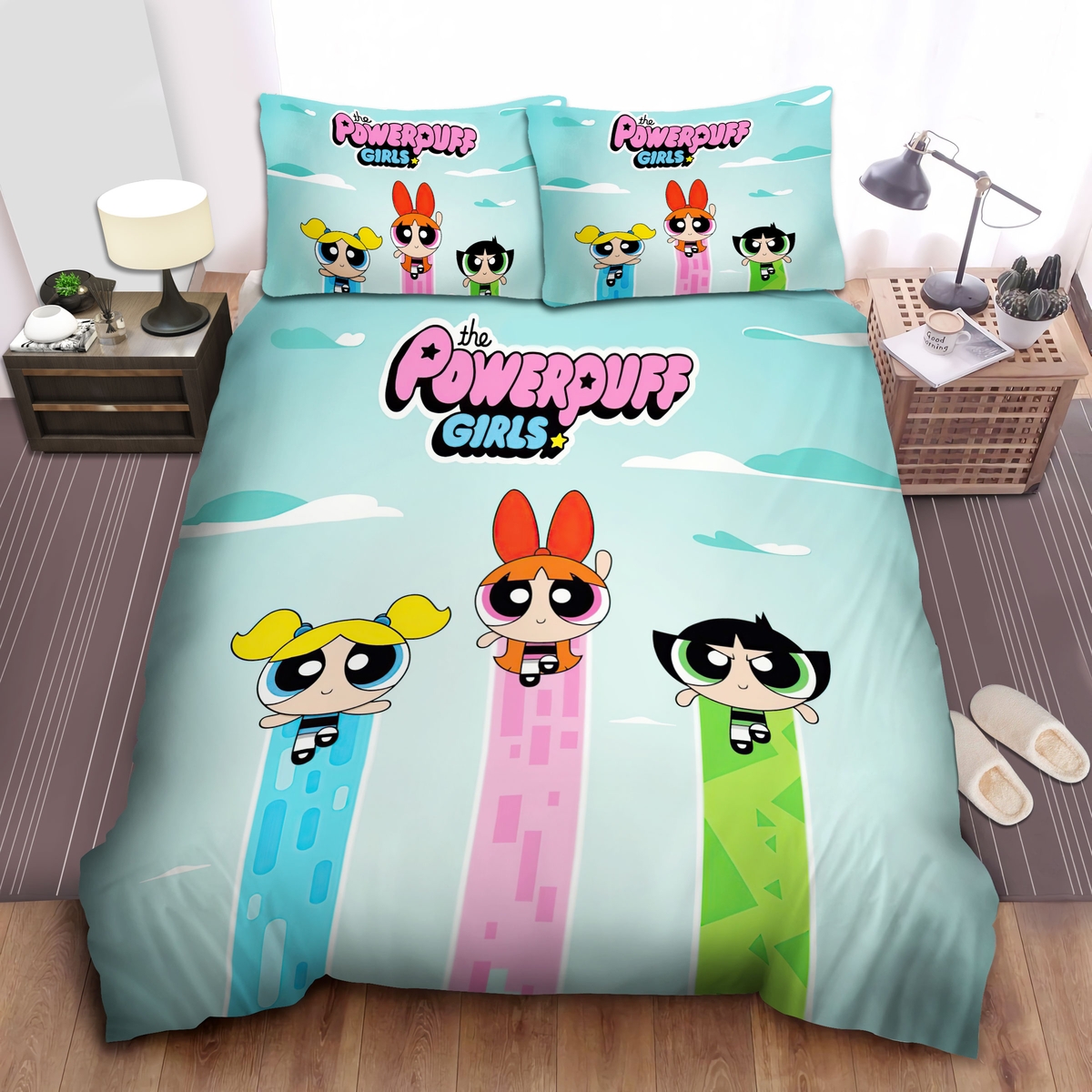The Powerpuff Girls Flying In The Sky Bed Sheets Spread Duvet Cover Bedding Set - Unique Anime Apparel for Fans