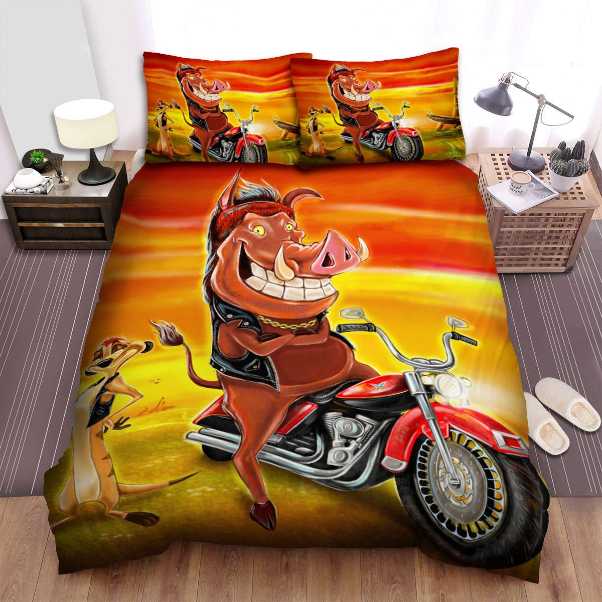 Timon And Pumbaa In Biker Version Bed Sheets Spread Duvet Cover Bedding Set - Unique Anime Apparel for Fans