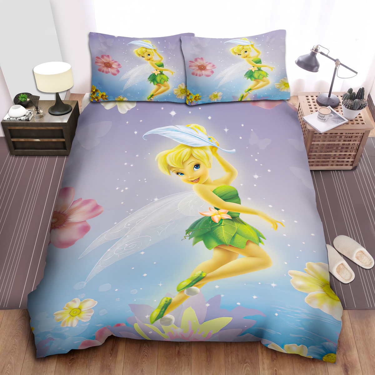 Tinkerbell & Flowers In Purple Background Bed Sheets Spread Duvet Cover Bedding Set - Unique Anime Apparel for Fans