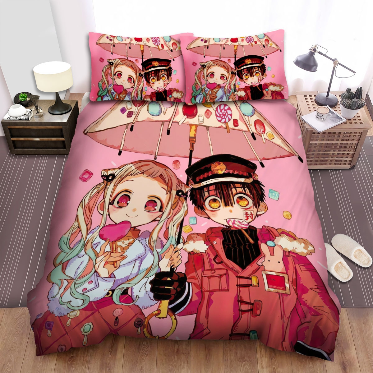 Toilet Bound Hanako-Kun Hanako And Nene With The Candy Umbrella Bed Sheets Spread Duvet Cover Bedding Set - Unique Anime Apparel for Fans