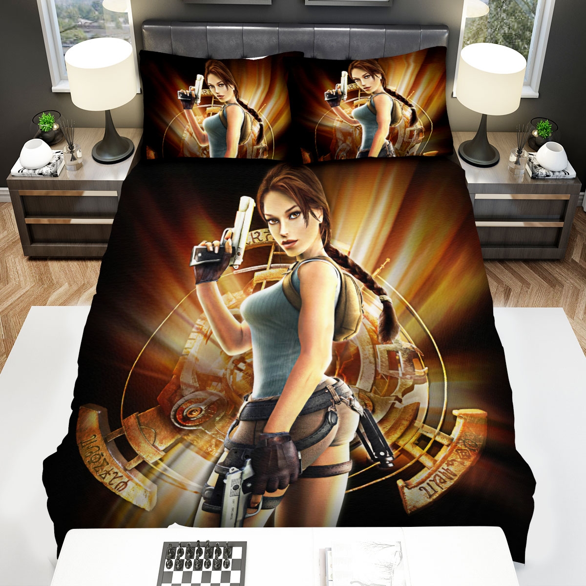 Tomb Raider Lara Croft And The Guns Bed Sheets Spread Comforter Duvet Cover Bedding Set - Unique Anime Apparel for Fans